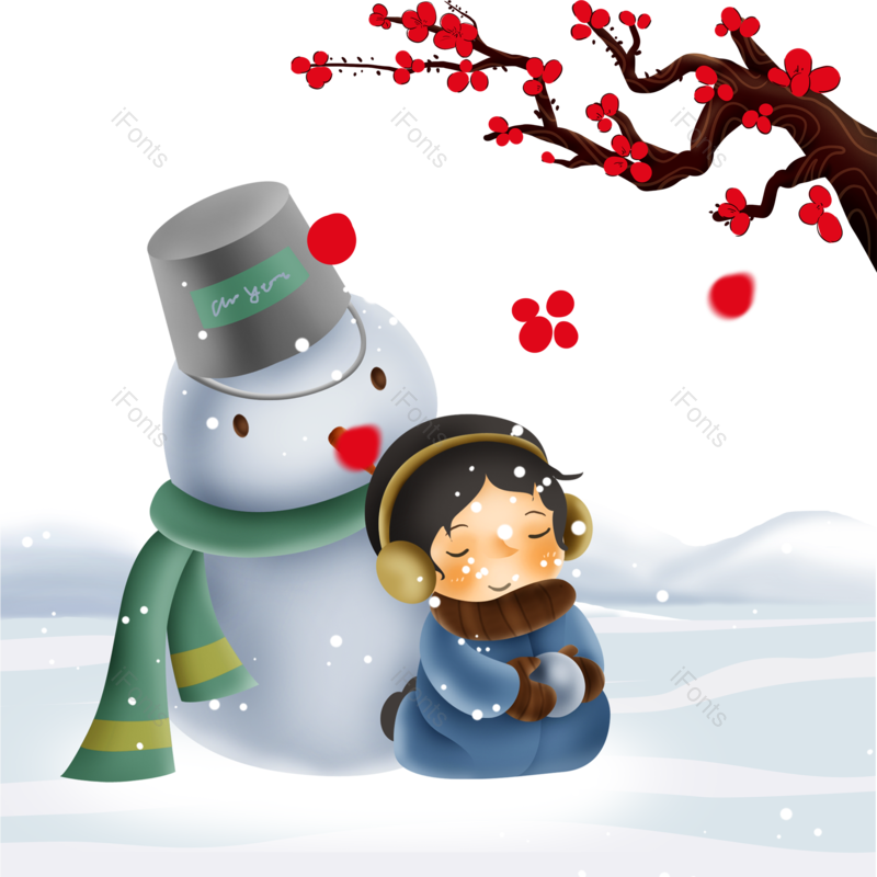 插画图片,梅花元素,雪地PNG,雪人免抠素材